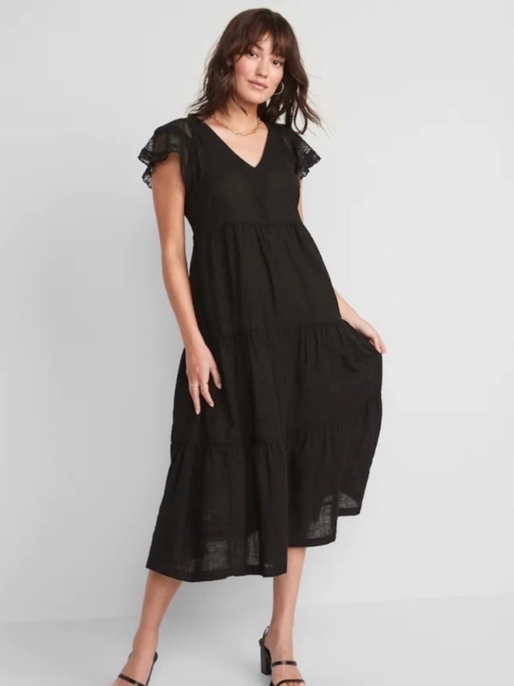 Old Navy Black V-Neck Tiered Midi Dress
